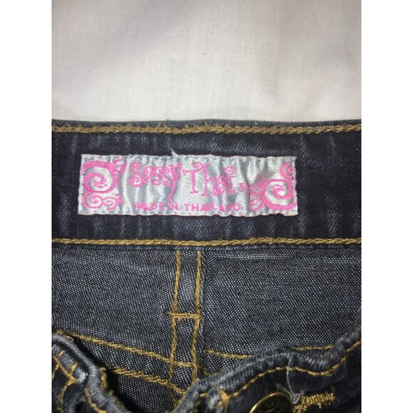 Sassy Thai Women's Vintage Blue & Black Beaded Flare Jeans - Picture 4 of 10